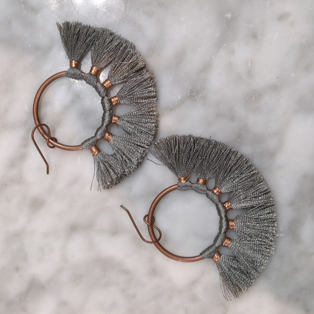 Cute Copper And Gray Tassle Hoop Earrings 10$